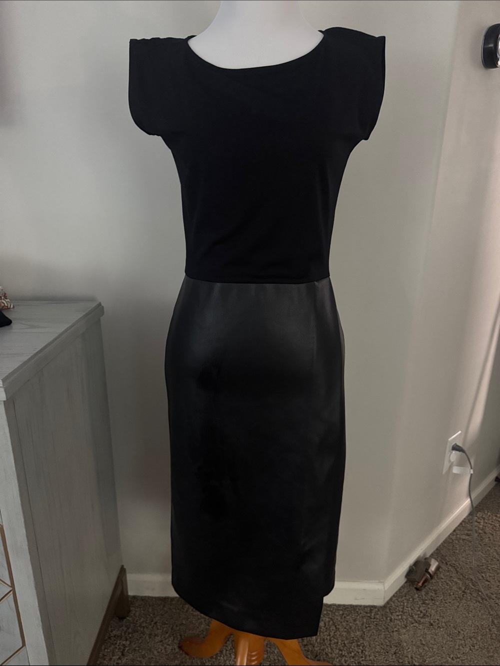 Ann Taylor Elegant Black Midi Dress with Faux Leather Skirt, Sz 0